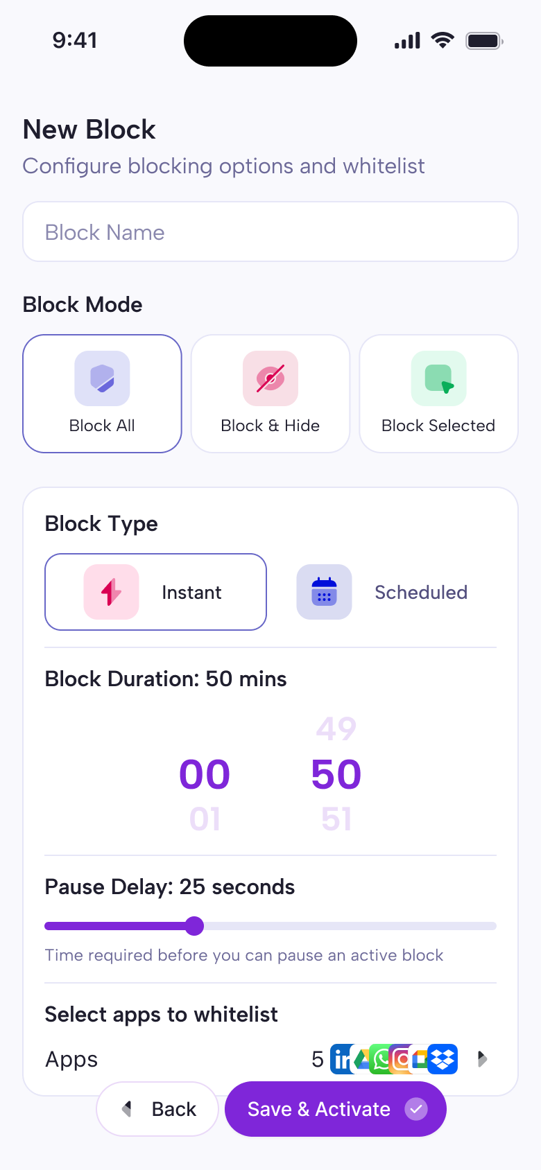 Session setup screen with app blocking mode and duration